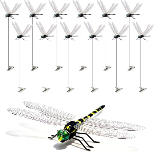 12 Pack 3D Dragonfly Clips, Fake Dragonflies with Stakes, Realistic Plastic