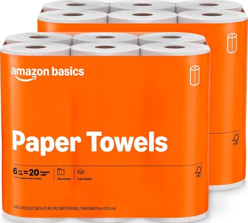 Amazon Basics 2-Ply Flex-Sheets Paper Towels, 12 Basics Rolls = 40 Regular