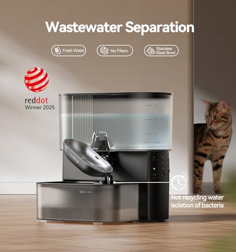 Wireless Cat Water Fountain No Filters, Wastewater Separation, FEELNEEDY Stainless Steel Bowl, 3.5L Pet Water Fountain for Cats & Dogs Dispenser, Black