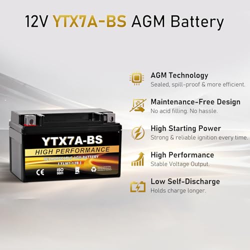 YTX7A-BS 12V 6Ah AGM Sealed Motorcycle Battery, Maintenance-Free, Compatible