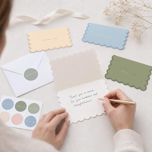 AUDREE Thank You Cards with Envelopes, Scalloped Gold Foil 50 Pack 3.5x5 | Elegant Greeting Notes with Matching Adhesive Envelopes - Perfect for Wedding, Bridal & Baby Showers, All Occasion