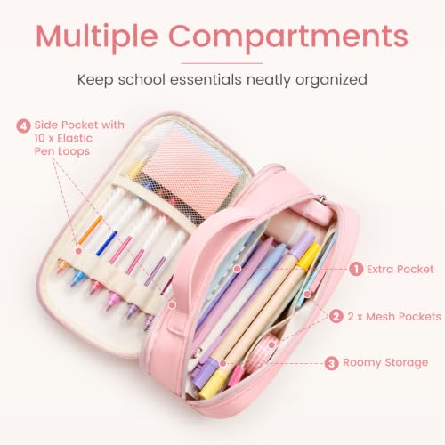 Sooez Pencil Case for Girls, Cute Large Capacity Pencil Pouch Pen Bag, Pink