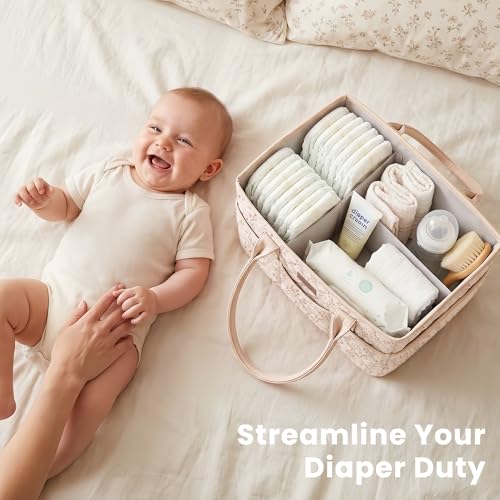 Konssy Baby Diaper Caddy Organizer, Floral Design with PU Leather Handles | Quilted, Water-Repellent, Diaper Caddy Basket with Removable Dividers, Baby Registry Must Have, Newborn Essentials (Floral)