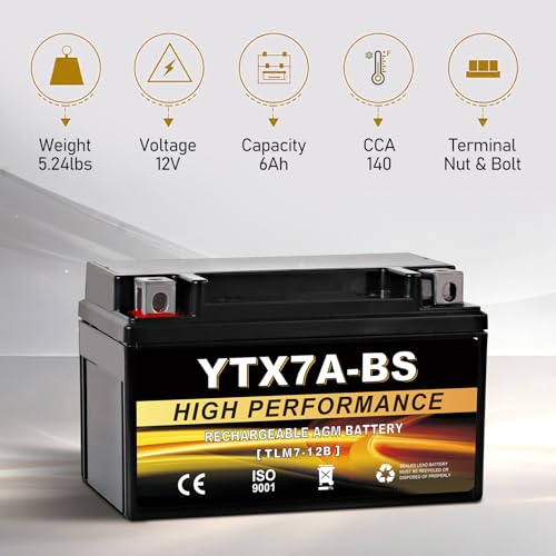 YTX7A-BS 12V 6Ah AGM Sealed Motorcycle Battery, Maintenance-Free, Compatible