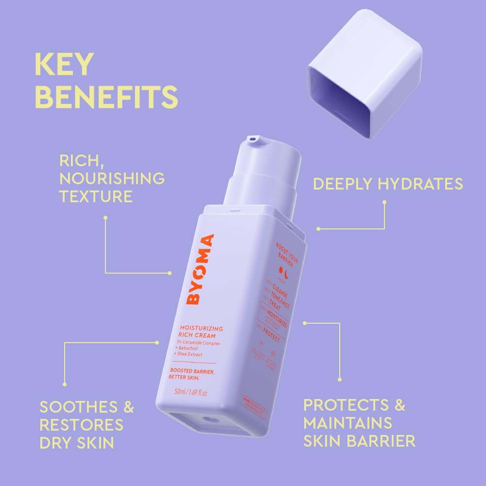 BYOMA Moisturizing Rich Cream - Barrier Repair Cream Face Lotion with Bakuchiol & Shea Extract - Ceramide Face Moisturizer for Dry Skin - Anti Wrinkle, Alcohol Free Face Moisturizer - 1.69 fl.oz