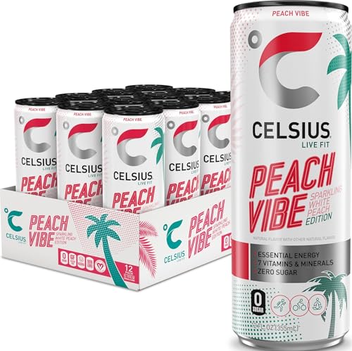 CELSIUS PEACH VIBE Sparkling White Peach, Sugar Free Energy Drink, 12 Fl Oz (Pack of 12)