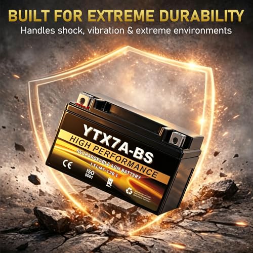 YTX7A-BS 12V 6Ah AGM Sealed Motorcycle Battery, Maintenance-Free, Compatible