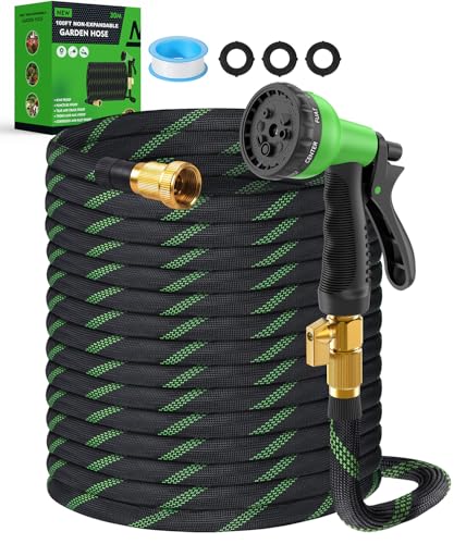 100ft Garden Hose，Non-Expandable Water Hose with 8 Function Spray Nozzle | Lightweight，Knik-Free，Burst-Resistant，Durable & Flexible 3/4" Garden Hose for Yard，Lawn, House Cleaning, Car Washing