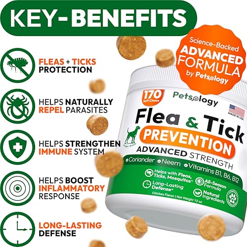 Flea and Tick Prevention for Dogs Pills - 170 Soft Chewables - Natural Dog Flea & Tick Control - Oral Defense Treatment for Dogs Supplement - Vet Formulated Chews - All Breeds & Ages - Made in USA