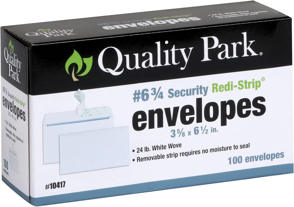 Quality Park #6 3/4 Self-Seal Security Envelopes, Security Tint and Pattern, Redi-Strip Closure, 24-lb White Wove, 3-5/8 x 6-1/2, 100/Box (QUA10417)