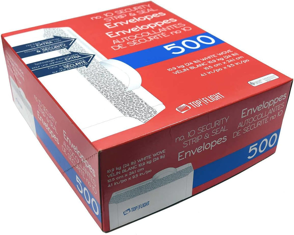 Top Flight PSTF10NWT #10 Envelopes, Strip & Seal, Security Tinted, White