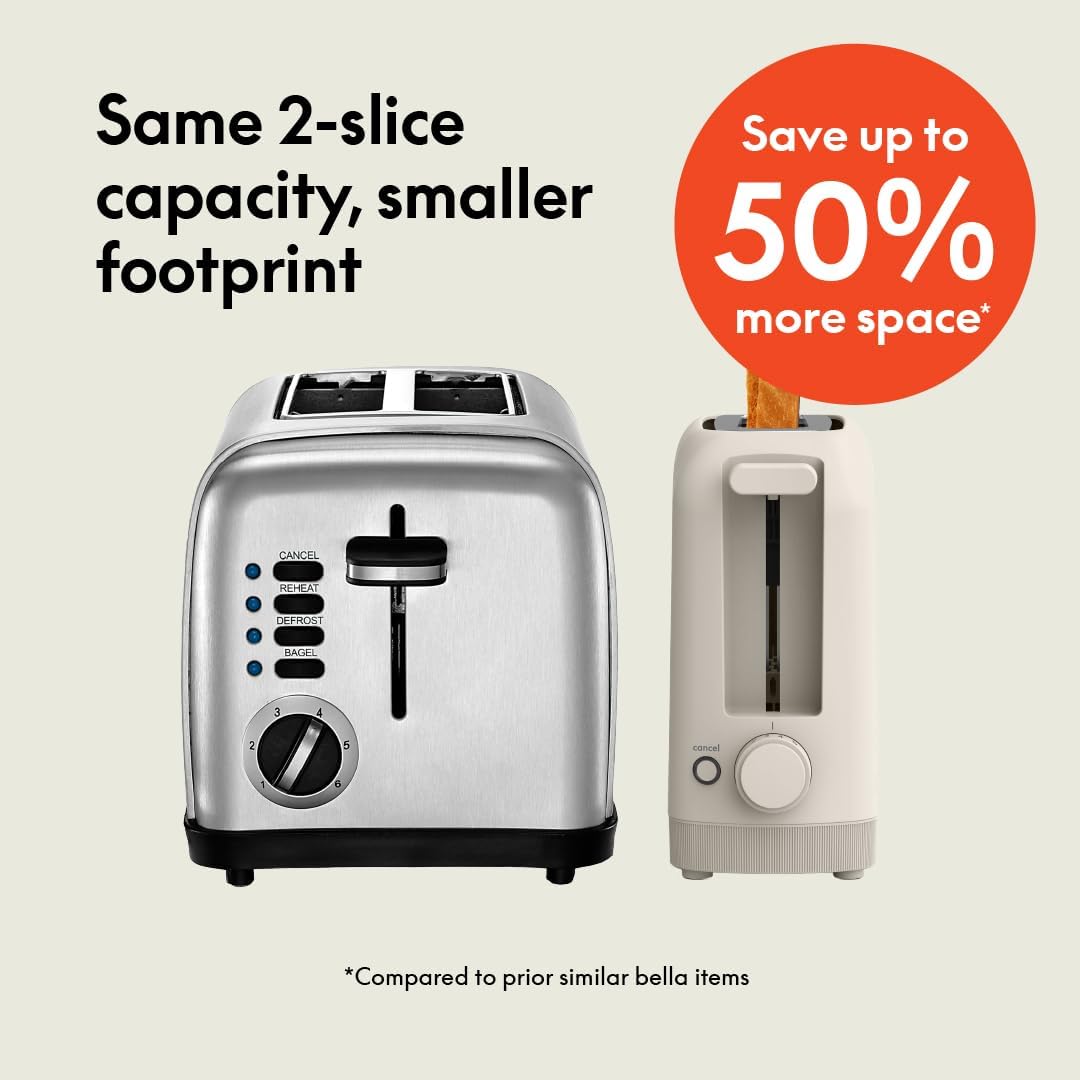 bella 2 Slice Slim Toaster, Fits-anywhere‰ã¢ Kitchenware, 6 Setting Shade Control with Reheat & Cancel Buttons, Fits sourdough, 10‰۝ Long Slot, Anti Jam & Auto Shutoff, 900 Watt, Oatmilk