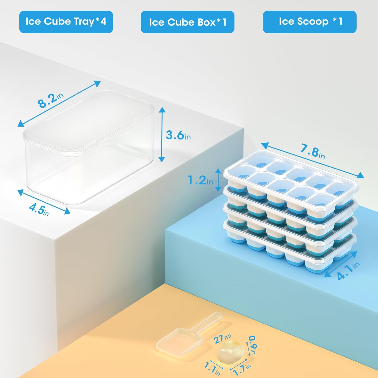 DOQAUS Ice Cube Tray with Lid and Bin - 4 Pack Silicone Ice Cube Trays for