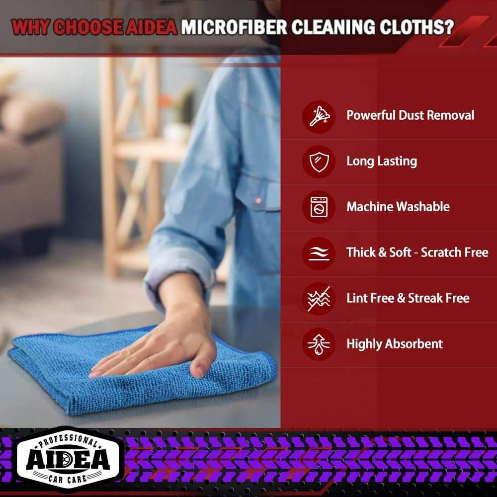AIDEA Microfiber Cleaning Cloth, 50PK, Microfiber Towels for Cars, Premium Wash Cloths, Dusting Cloth Cleaning Rags, Absorbent Towels for SUVs, House, Kitchen, Window, Cleaning Supplies12ÌÑ12"