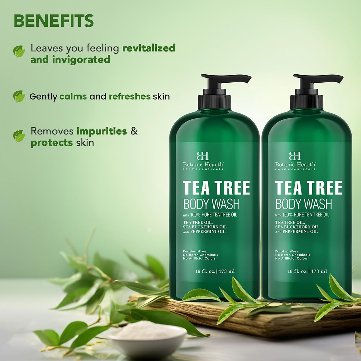 Botanic Hearth Tea Tree Body Wash 16 fl oz (2 Pack) Natural Antifungal & Odor Control Shower Gel for Acne, Athlete‰۪s Foot, Ringworm, Jock Itch, Healthy Skin, Sulfate & Paraben Free, for Men & Women