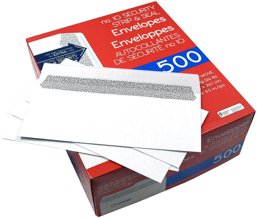 Top Flight PSTF10NWT #10 Envelopes, Strip & Seal, Security Tinted, White