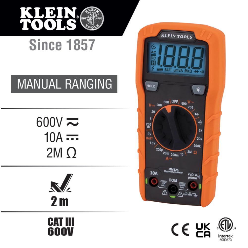 Klein Tools MM325 Multimeter, Digital Manual-Ranging 600V AC/DC Voltage