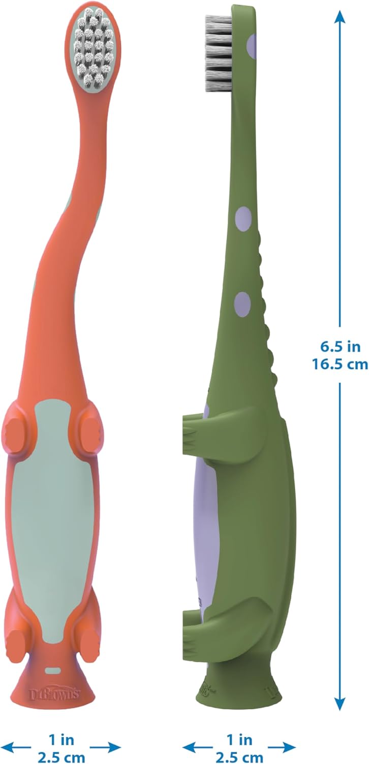 Dr. Brown's Baby and Toddler Toothbrush, Green and Orange Dinosaur 2-Pack