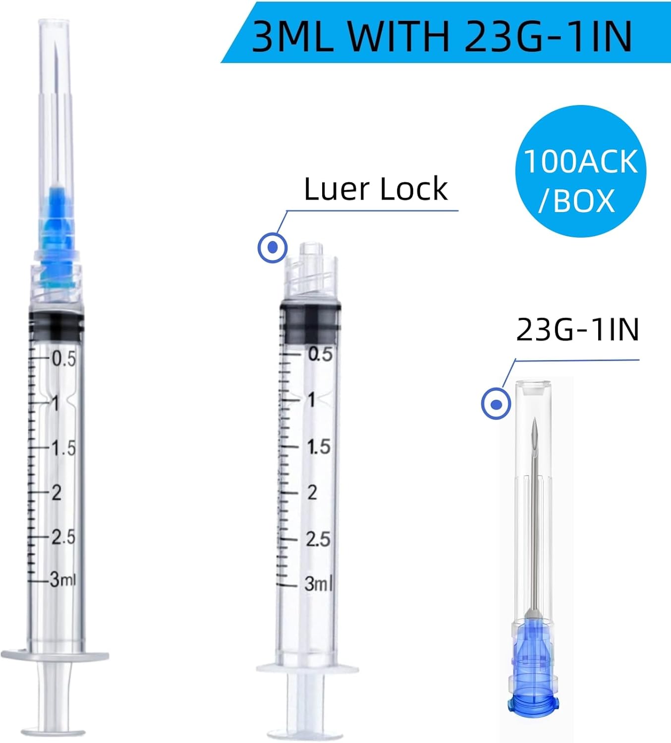 100 Pack Disposable 3ml/cc Lab Syringes with 23Ga 1 Inch Needle Luer Lock
