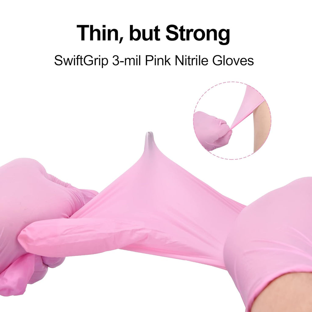 SwiftGrip Pink Nitrile Gloves, 3-mil, Industrial Gloves Disposable Latex Free, for Cleaning & Esthetician, Rubber Powder-Free, 100-ct Box (Small)