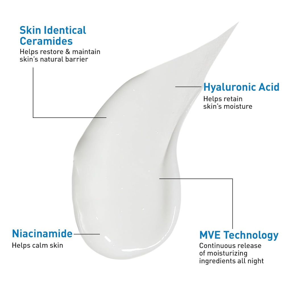 CeraVe PM Facial Moisturizing Lotion, Night Cream with Hyaluronic Acid and Niacinamide, Ultra-Lightweight, Oil-Free Moisturizer for Face, 3 Ounce