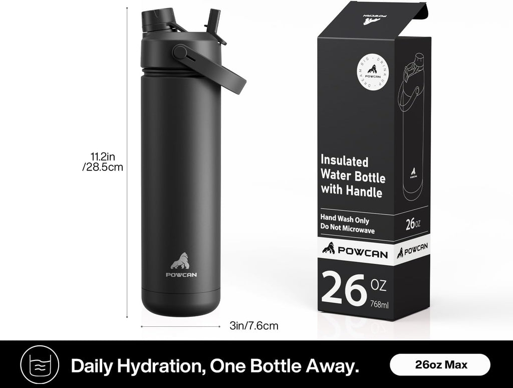 POWCAN 26 oz Insulated Water Bottle with 2-in-1 Straw and Spout Lid, Keep