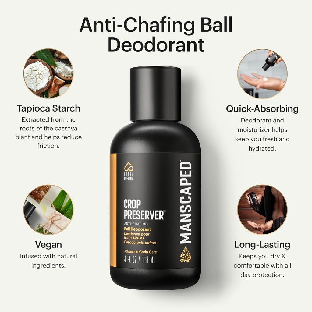 MANSCAPEDå¨ The Crop Preserverå¨, Men's Ball Deodorant, Male Care Hygiene Moisturizer, Anti-Chafing Groin Protection with Cooling Aloe Vera, Refinedå¨ Scent, 4oz