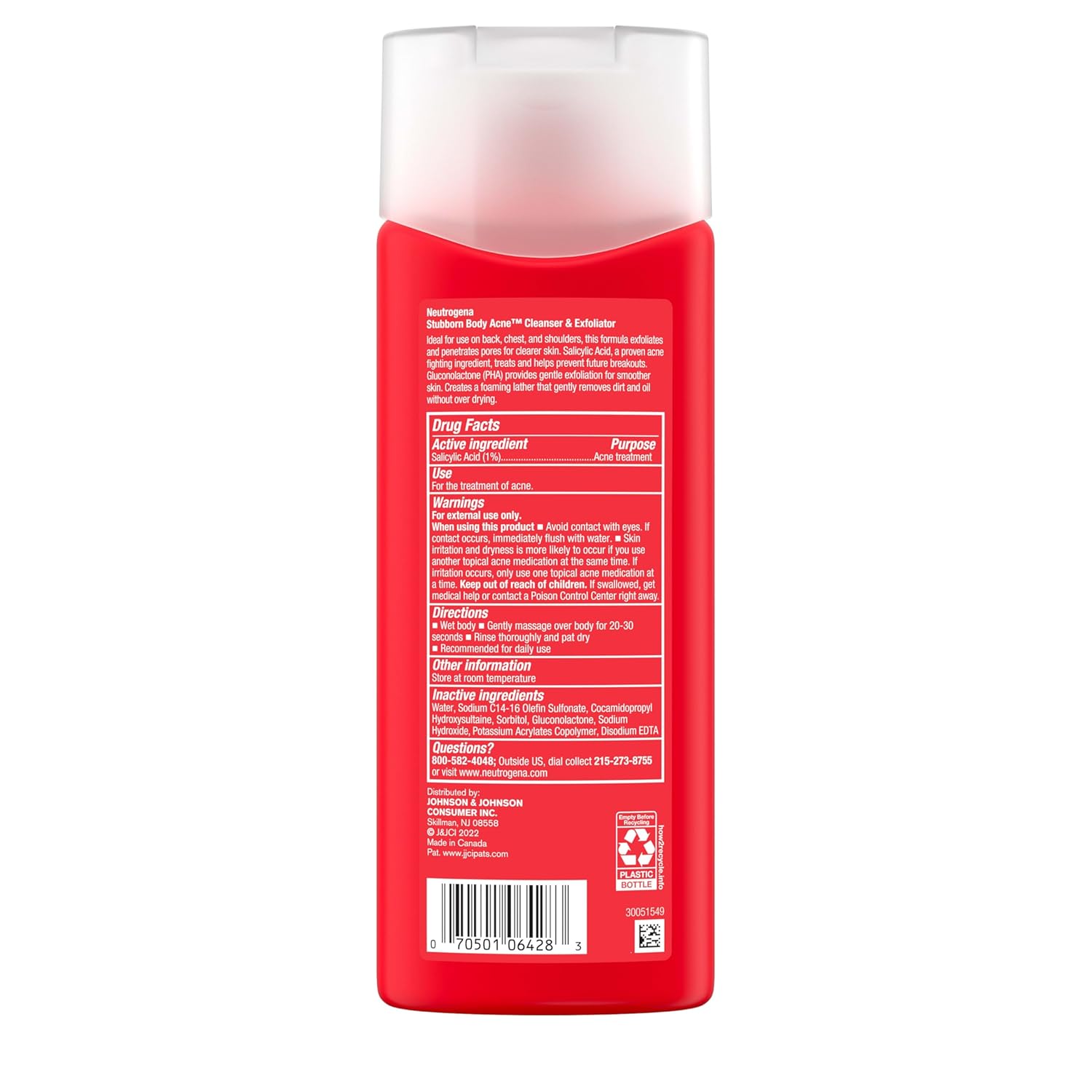 Neutrogena Salicylic Acid & PHA Stubborn Acne Body Wash, Exfoliating Cleanser