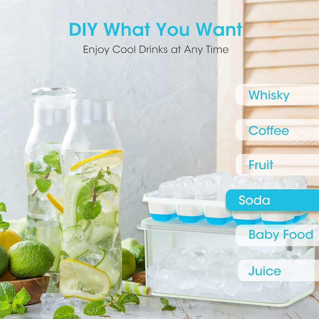 DOQAUS Ice Cube Tray with Lid and Bin - 4 Pack Silicone Ice Cube Trays for
