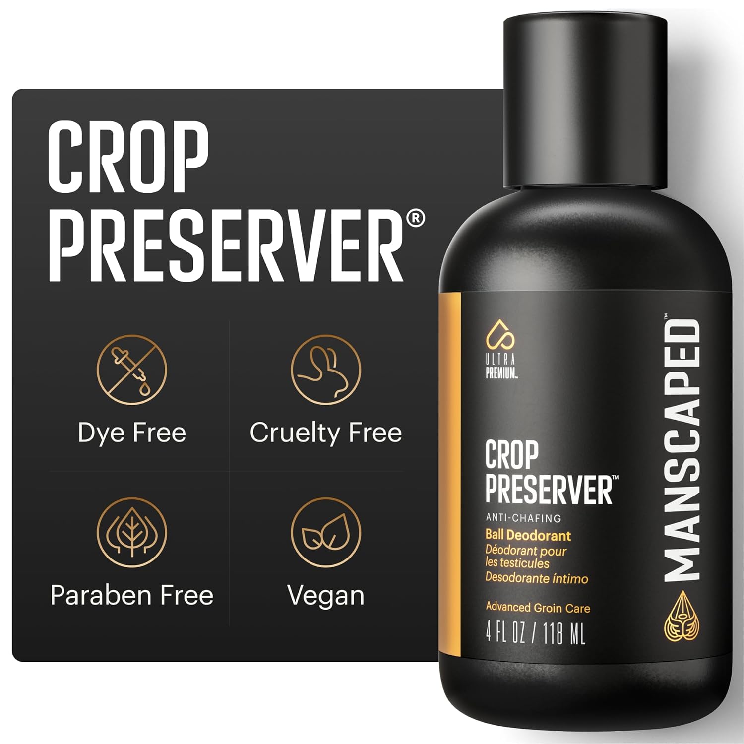 MANSCAPEDå¨ The Crop Preserverå¨, Men's Ball Deodorant, Male Care Hygiene Moisturizer, Anti-Chafing Groin Protection with Cooling Aloe Vera, Refinedå¨ Scent, 4oz
