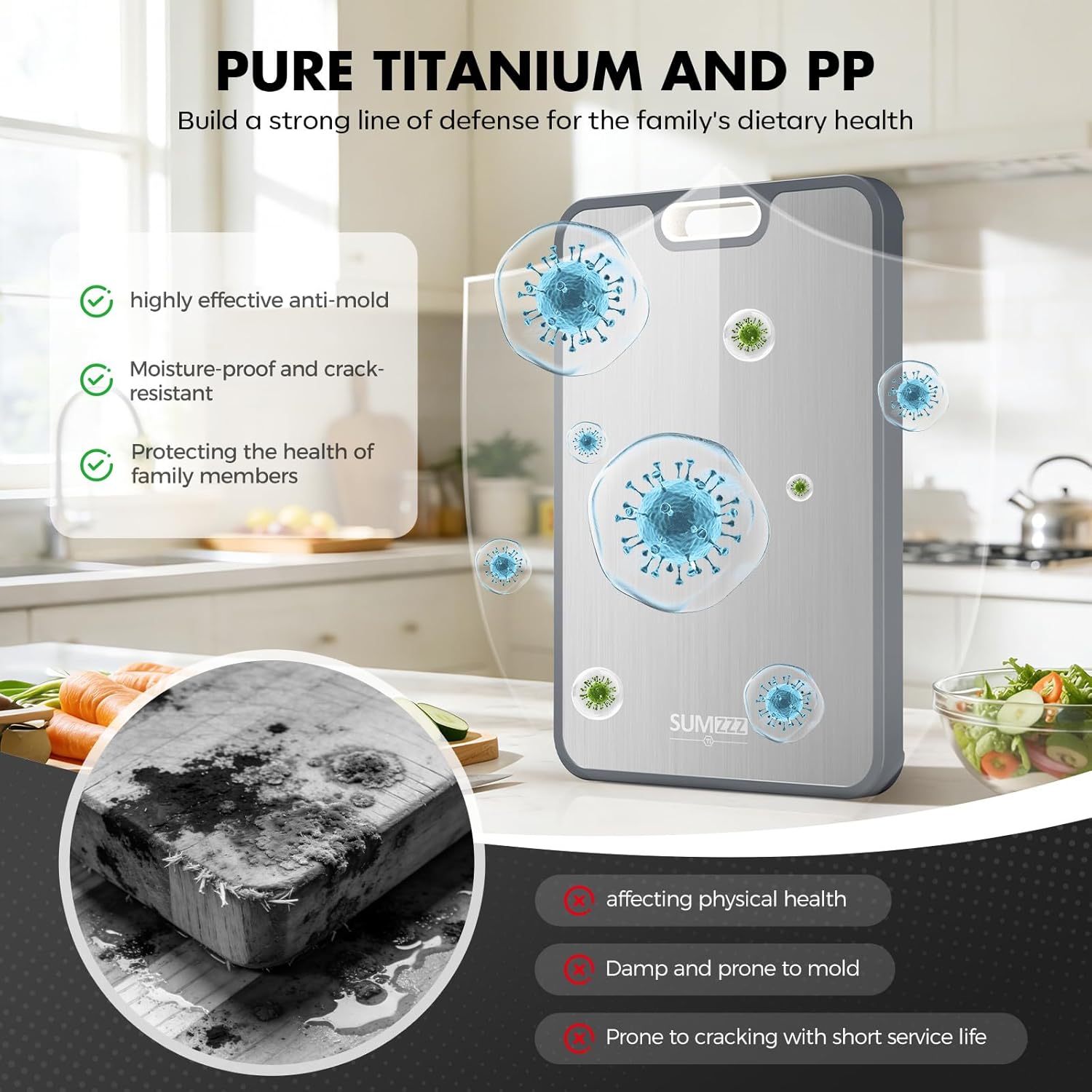 Sumzzz Titanium Cutting Board for Kitchen, Non Toxic 2-in-1 Cutting Board Double Sided Food Grade Pure Titanium, Knife Friendly Easy to Clean Large Size 15‰۝ÌÑ10.3‰۝