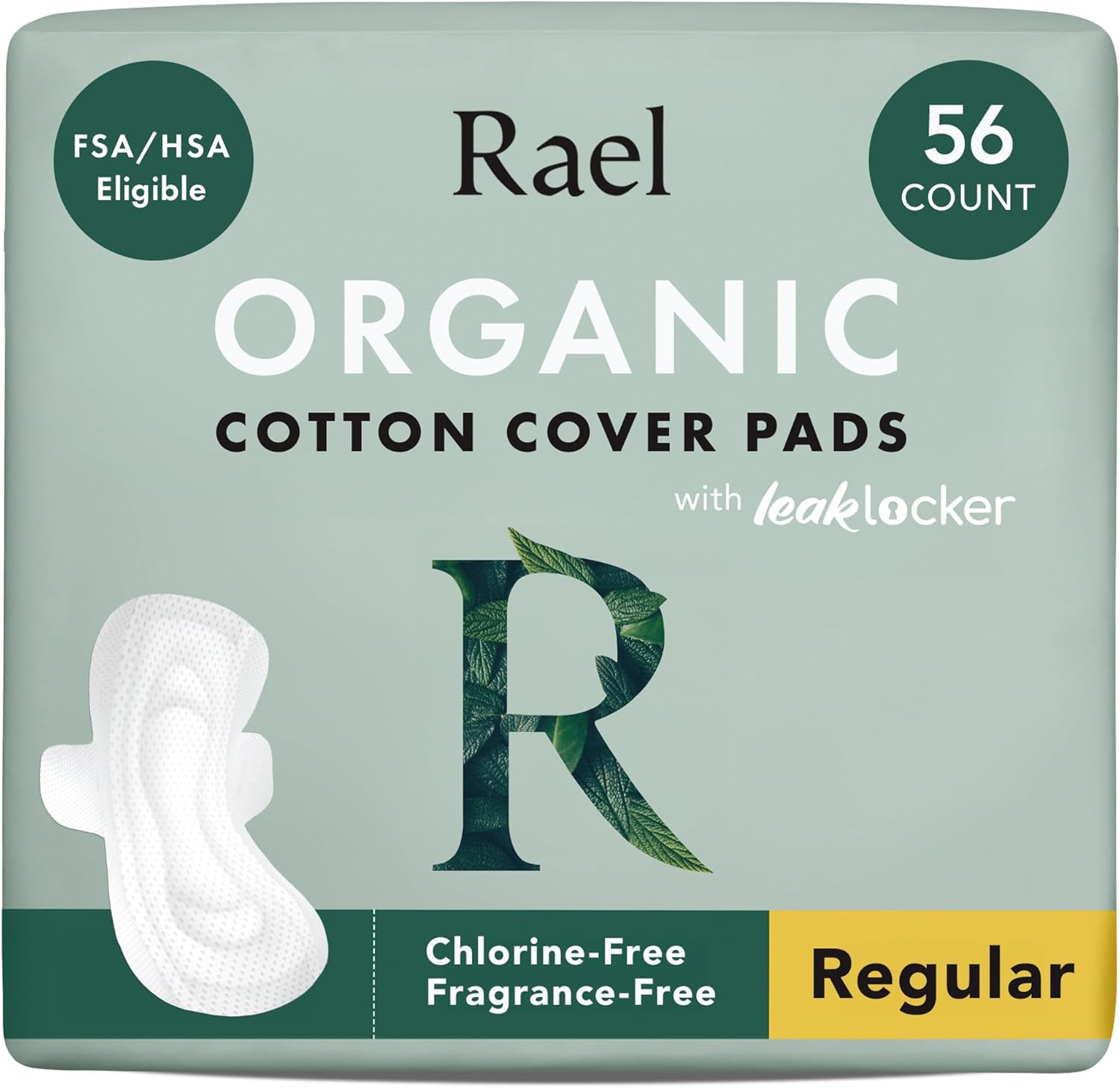 Rael Pads for Women, Organic Cotton Cover - Moderate Absorbency, Feminine Care, Ultra Thin, Sanitary Napkins with Wings, Unscented (Regular, 56 Total)