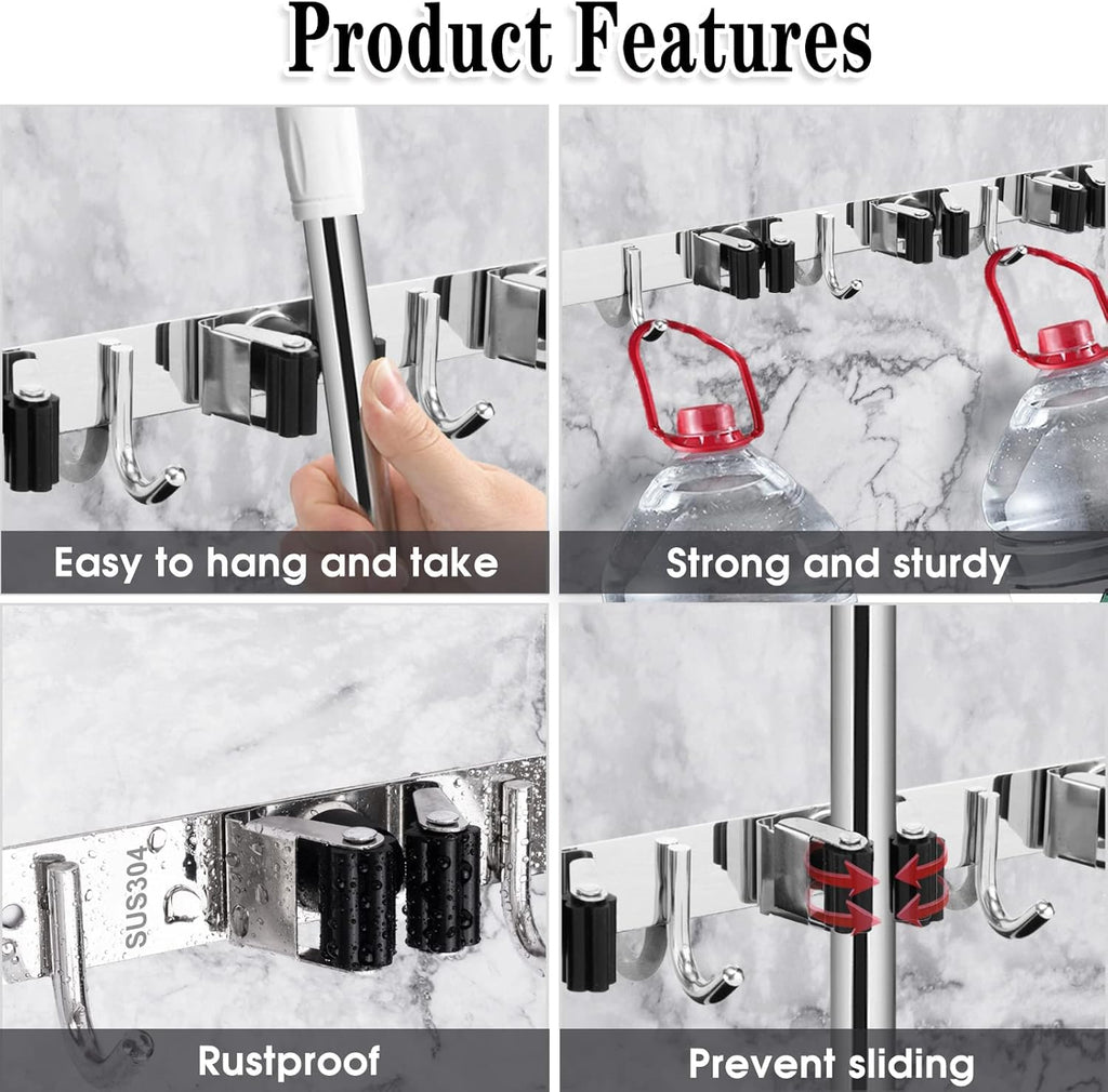 AceMining 5 Racks and 4 Hooks Mop and Broom Holder Wall Mount, Broom