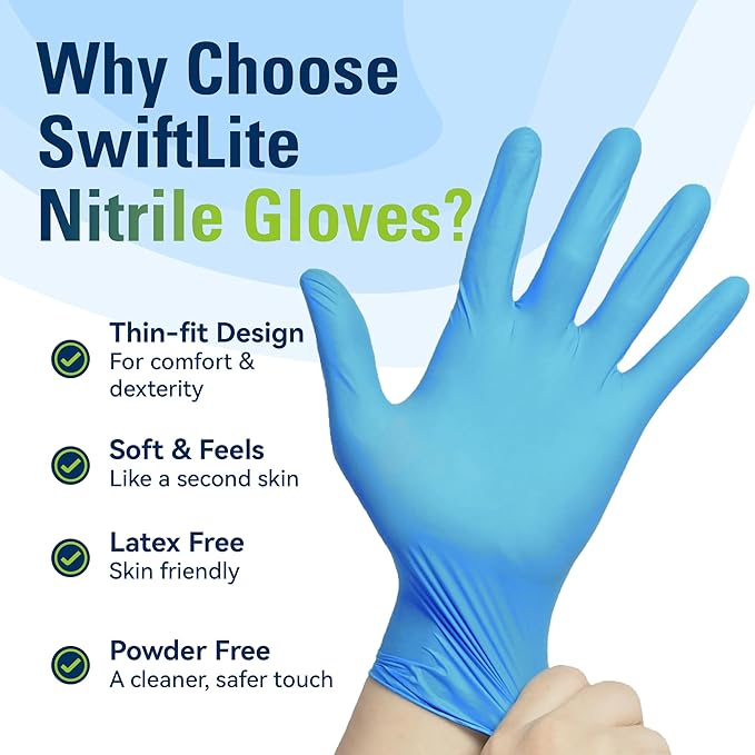 SWIFTLITE Nitrile Gloves, Food Safe Disposable Gloves Latex Free, Blue Rubber