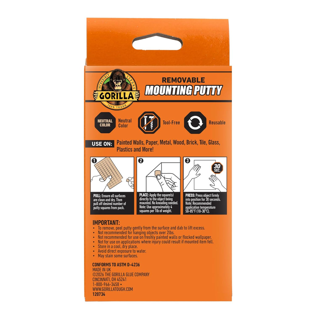 Gorilla Mounting Putty, Natural Tan Color, 168 Pre-Cut Squares (Pack of 1)