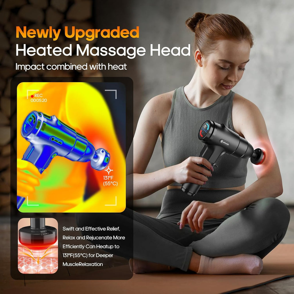 AERLANG Massage Gun with Heat Deep Tissue Back Massager Neck Massager for Pain Relief,Muscle Percussion Massage Gun, Birthday Gifts for Men Women Dad him Handheld Message Gun with 7Heads&Silent