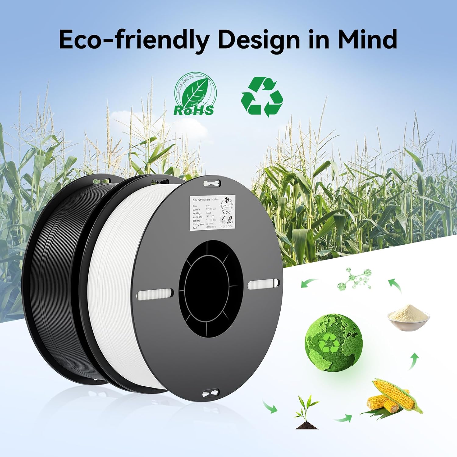 Creality 2kg Black & White PLA 1.75mm Filament Bundle for 3D Printing with