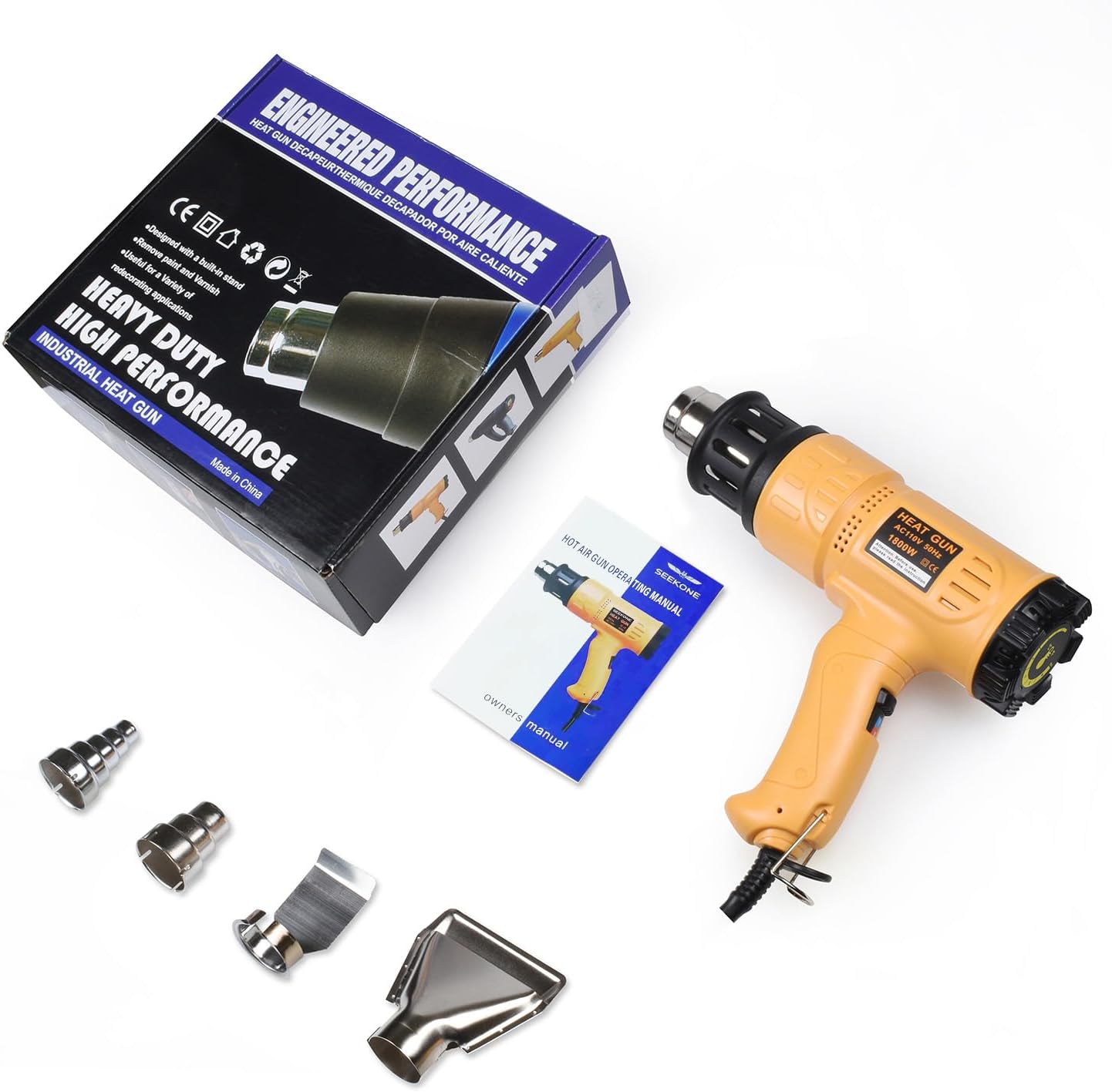 SEEKONE Heat Gun 1800W 122‰ãä-1202‰ãä•?ö50‰ãÄ- 650‰ãĕ?äFast Heating Heavy Duty Hot Air Gun Kit Variable Temperature Control Overheat Protection with 4 Nozzles for Crafts, Shrinking PVC, Stripping Paint(5.2FT)