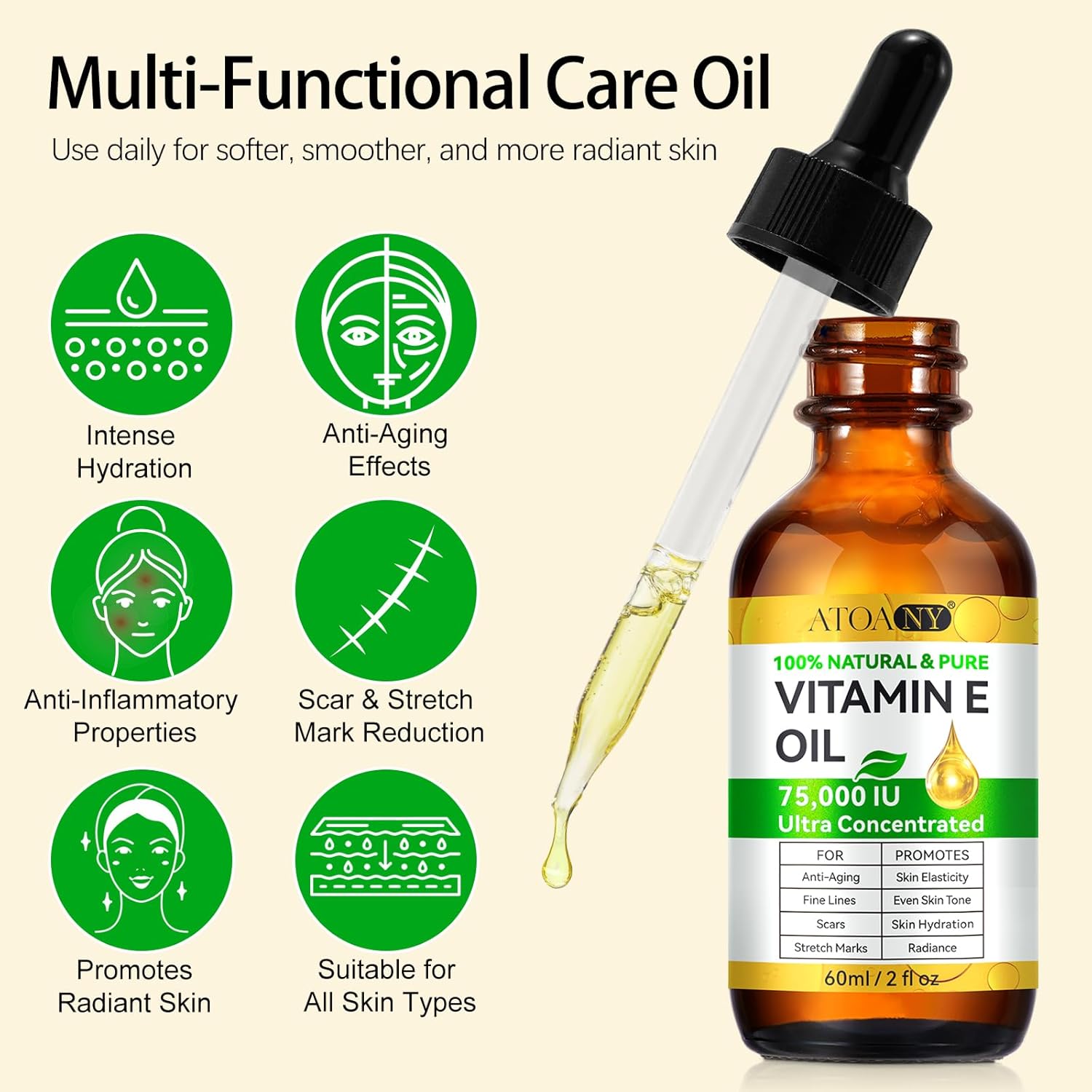 flasture Vitamin E Oil 75,000 IU ‰ÛÒ 100% Pure Natural Vitamin E for Skin, Face, Hair, Scars ‰ÛÒ Deep Moisturizing Body Oil for Dry Skin, Wrinkles ‰ÛÒ Cold-Pressed, Non-GMO,Skincare ‰ÛÒ 2 Fl Oz