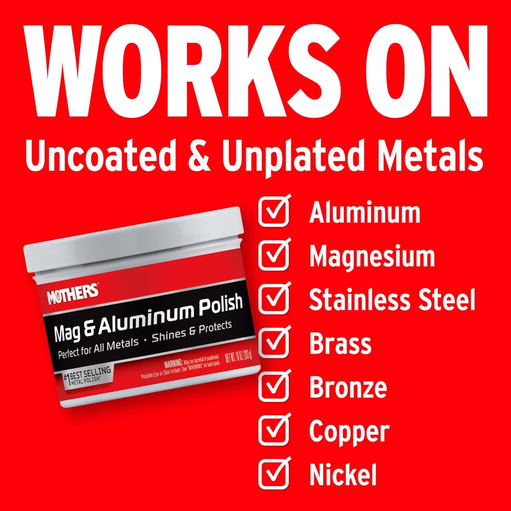 Mothers Mag & Aluminum Polish, 10 oz. ‰ÛÒ Brilliant Shine, Easy to Use, for All Uncoated & Unplated Metals Including Aluminum Wheels, Stainless Steel Trim and Exhaust Tips, Brass & More (05101)