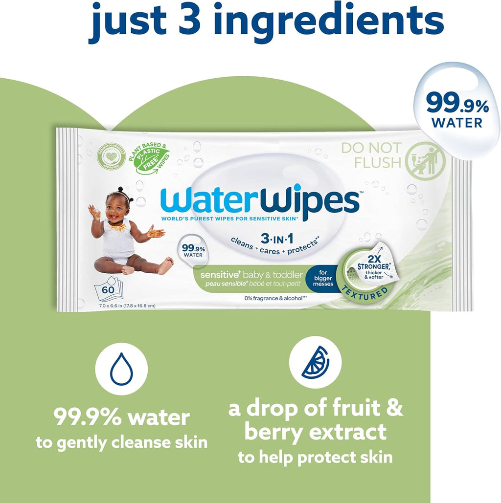WaterWipes Sensitive+ Baby & Toddler Wipes, 3-In-1 Cleans, Cares, Protects