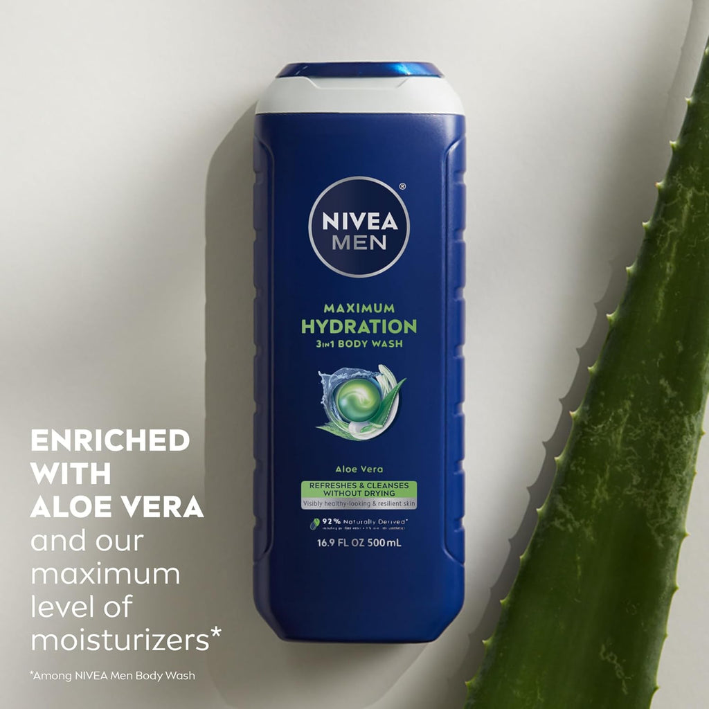 NIVEA MEN Maximum Hydration Body Wash for Dry Skin, Aloe Vera Enriched, 3-in-1 Moisturizing Body Wash, Face and Hair, Paraben Free, Vegan Formula, 16.9 Fl Oz Bottle, Pack of 3