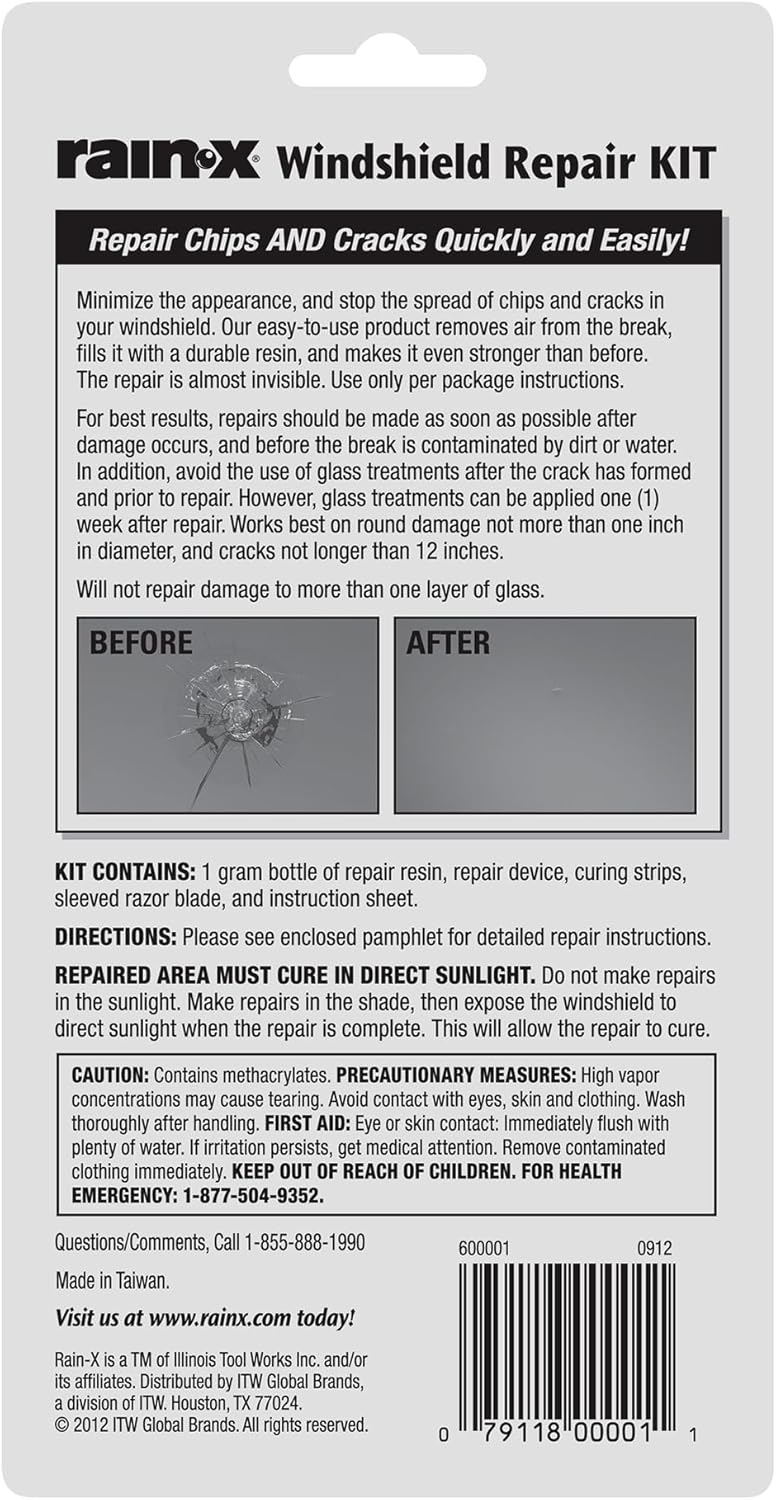 Rain-X 600001 Windshield Repair Kit - Quick and Easy Durable Resin Based Windshield Repair Kit for Chips and Cracks, Good for Round Damage Below 1" in Diameter and Cracks Smaller Than 12" in Length