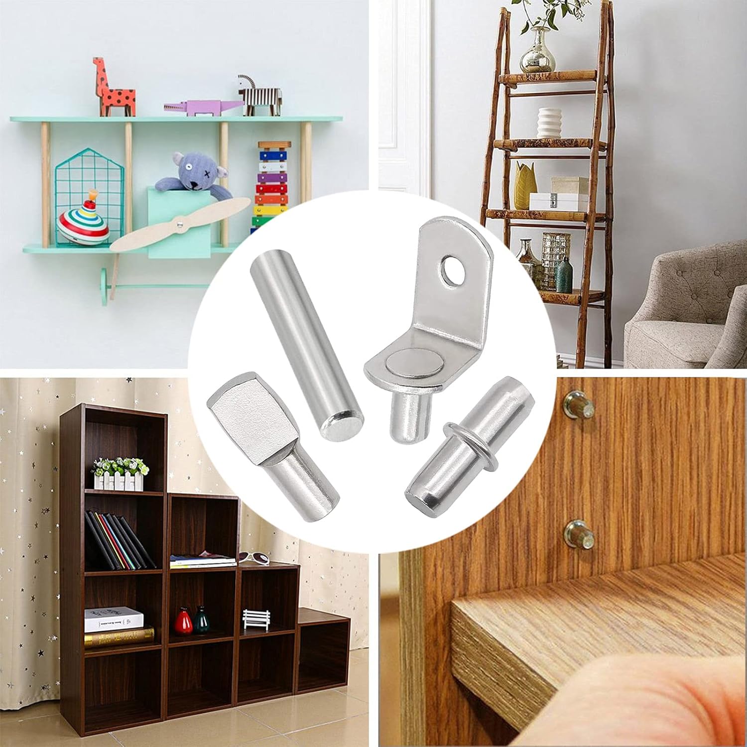 104Pcs Shelf Pins Kit,4 Styles Nickel Plated Shelf Support Pegs,Bookshelf