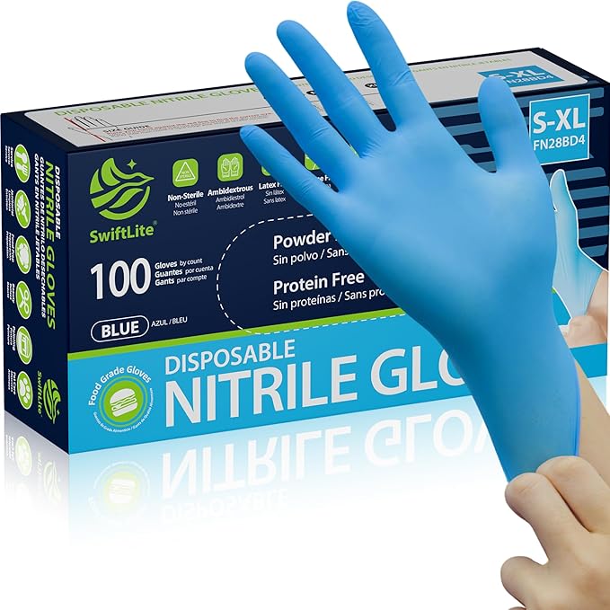 SWIFTLITE Nitrile Gloves, Food Safe Disposable Gloves Latex Free, Blue Rubber