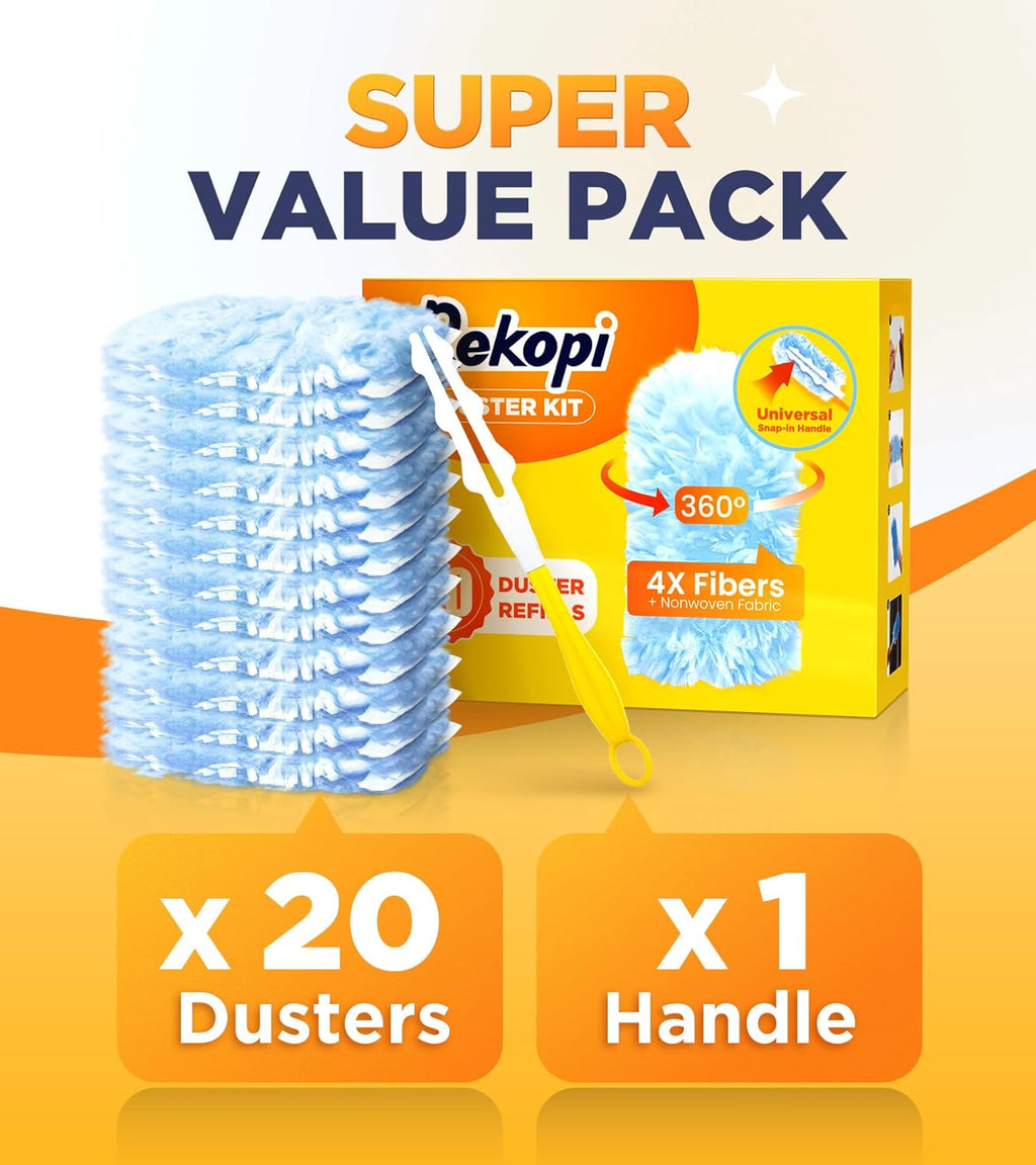 Heavy Duty Duster Refills for Swiffer Duster, 20 Count Duster Refills with 1 Handle, Multisurface 360å¡ Dusters with 4X Microfibers, Unscented Disposable Dusters for Cleaning