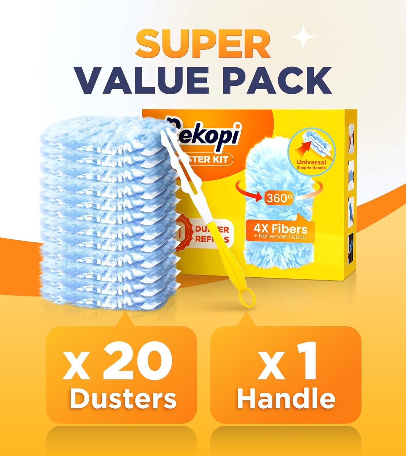 Heavy Duty Duster Refills for Swiffer Duster, 20 Count Duster Refills with 1 Handle, Multisurface 360å¡ Dusters with 4X Microfibers, Unscented Disposable Dusters for Cleaning