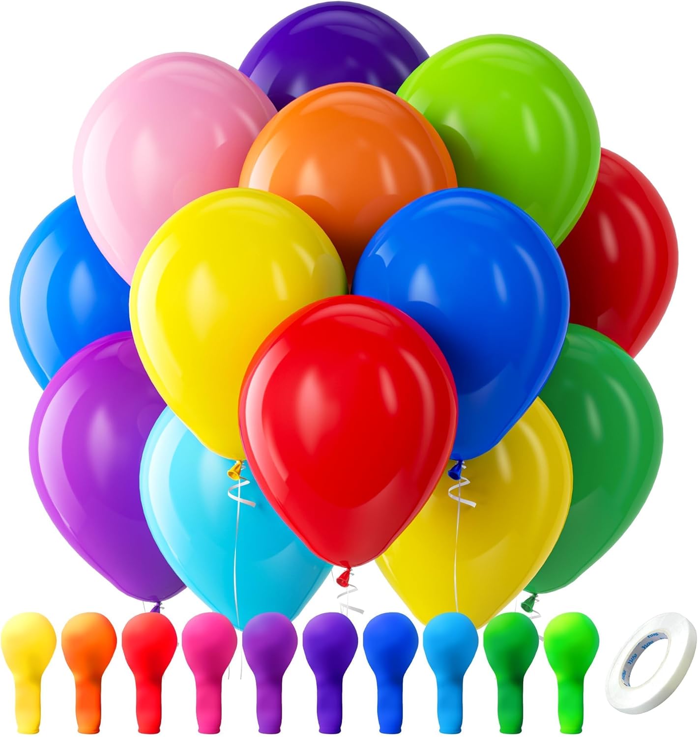 Bezente Assorted Rainbow Latex Balloons, 100 Pack 12 inch Round Helium Bright