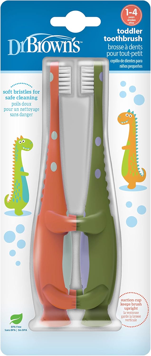 Dr. Brown's Baby and Toddler Toothbrush, Green and Orange Dinosaur 2-Pack
