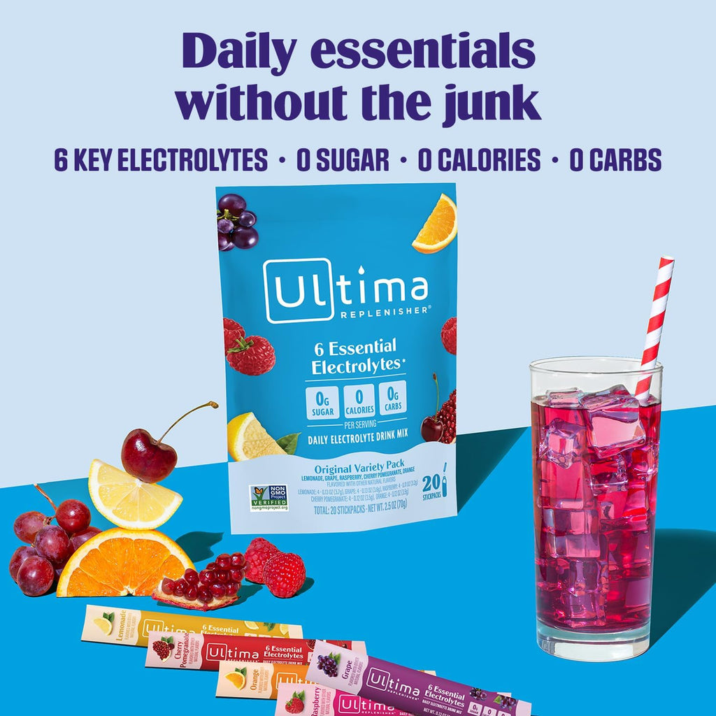 Ultima Replenisher Daily Electrolyte Powder ‰ÛÒ Original Variety Pack, 20 Stickpacks ‰ÛÒ Zero Sugar Hydration Packets with 6 Electrolytes and Minerals ‰ÛÒ Sugar Free, Plant Based & Keto Friendly Drink Mix